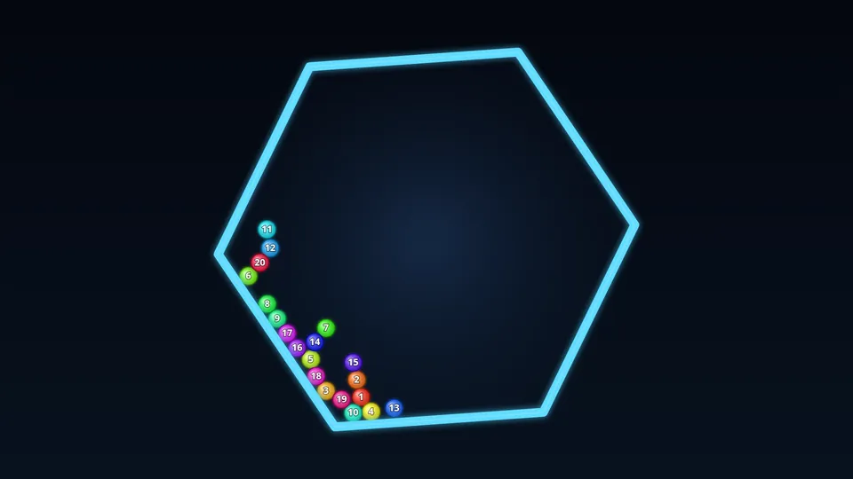 Still from the recording: Balls in a spinning hexagon